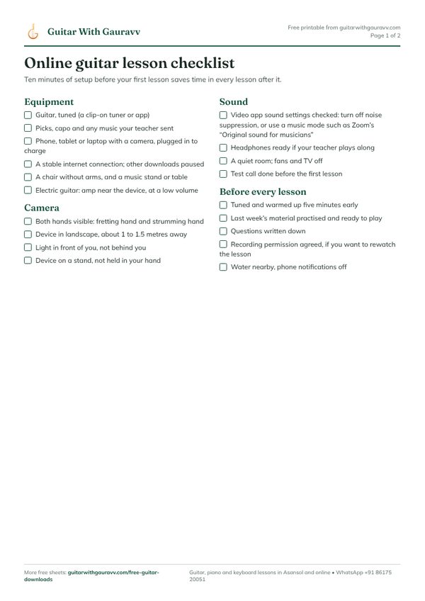 Preview of the Online Guitar Lesson Checklist PDF